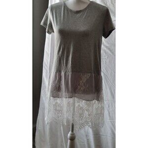 Bluolire Gray Short Sleeve Tunic Lace Hem A Line Tunics Crewneck T Shirt Sz M/L